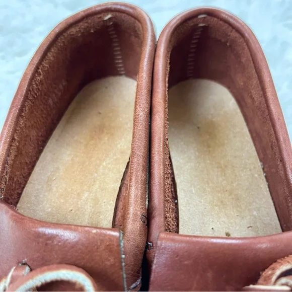 VTG 1970’s Sears Roebuck Brown Leather Thick Gum Sole Loafers w Fringe and Bow - Picture 12 of 15